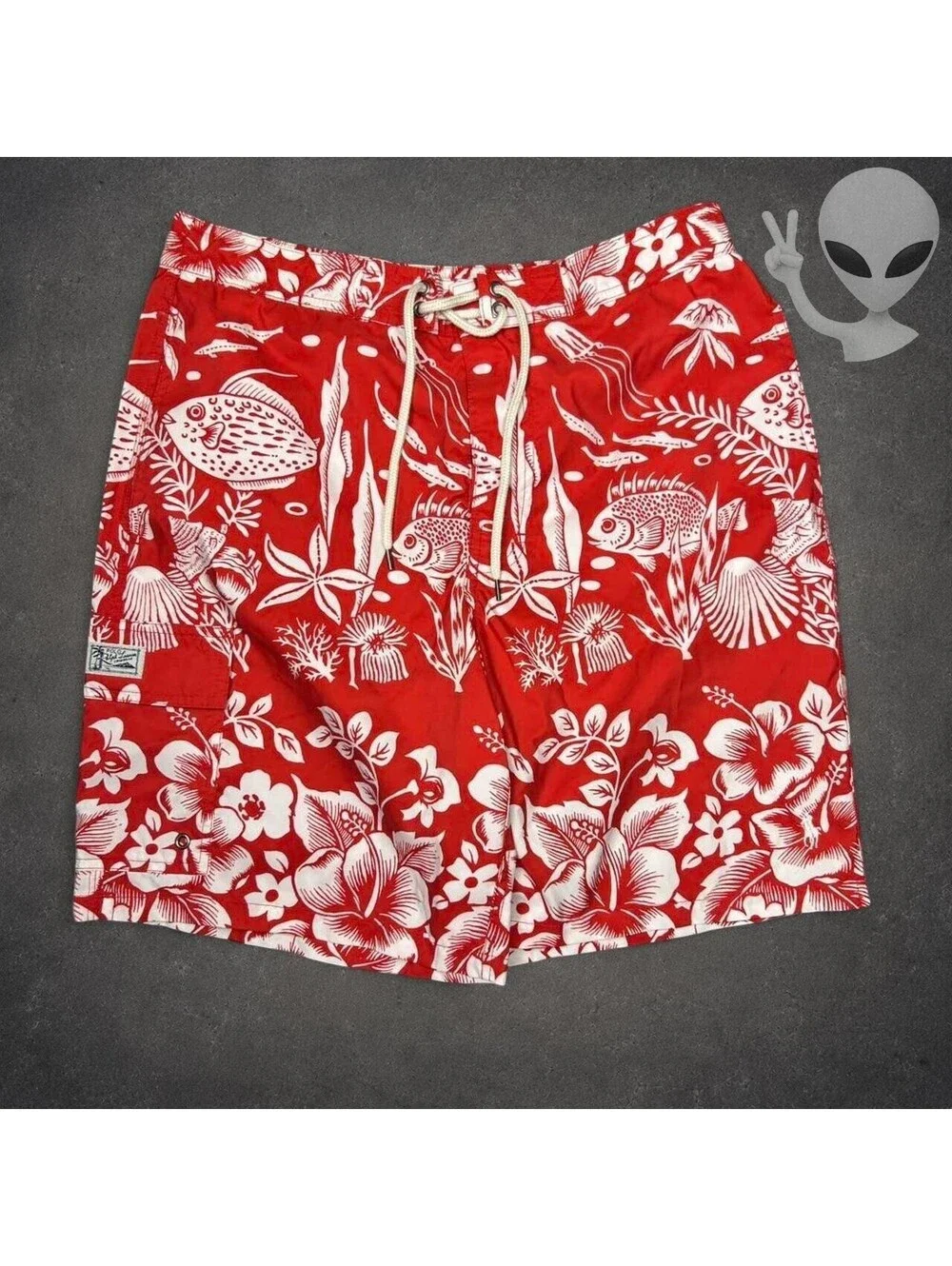 Polo Ralph Lauren Swim Trunks Mens US L Red White Tropical Fish Hibiscus Cargo